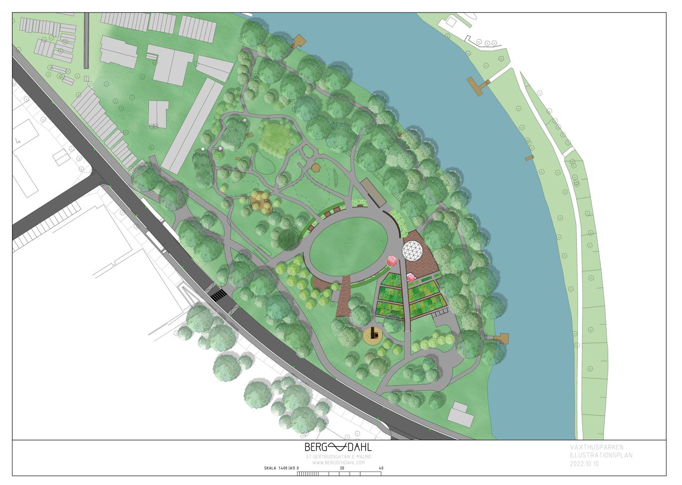 Illustrationen visar hur Ängelholms nya trädgård kan komma att se ut. Illustration: Berg&Dahl. Framtagen 2022