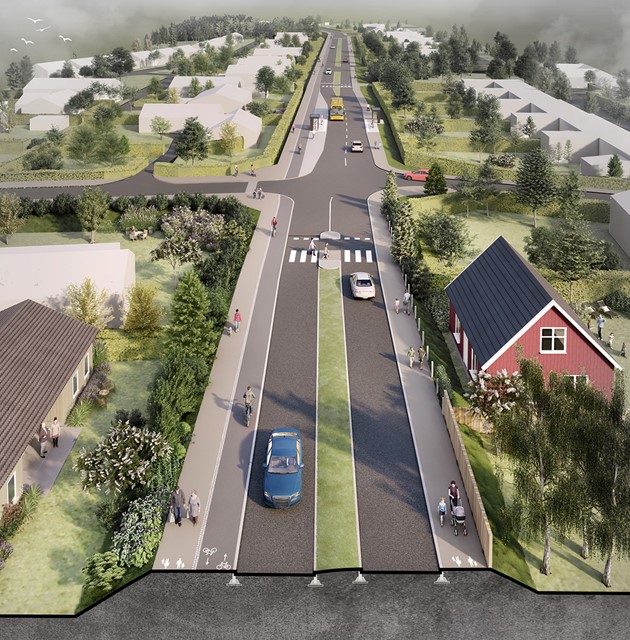 Illustration över korsningen mellan Errarpsvägen och Svealandsgatan(till höger) samt Haradalsliden (till vänster) Illustration: AFRY 2022