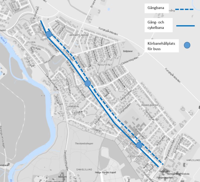 Errarpsvägen skall smalnas av där en gång- och cykelbana skall byggas på västra sidan och gångbana på östra sidan om Errarpsvägen.