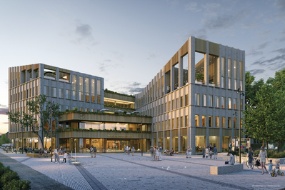 Vinnande bidrag i tävlingen om nytt stadshus i Ängelholm är "Dialog" av SSEA och Liljewalls. Illustration: Liljewalls arkitekter