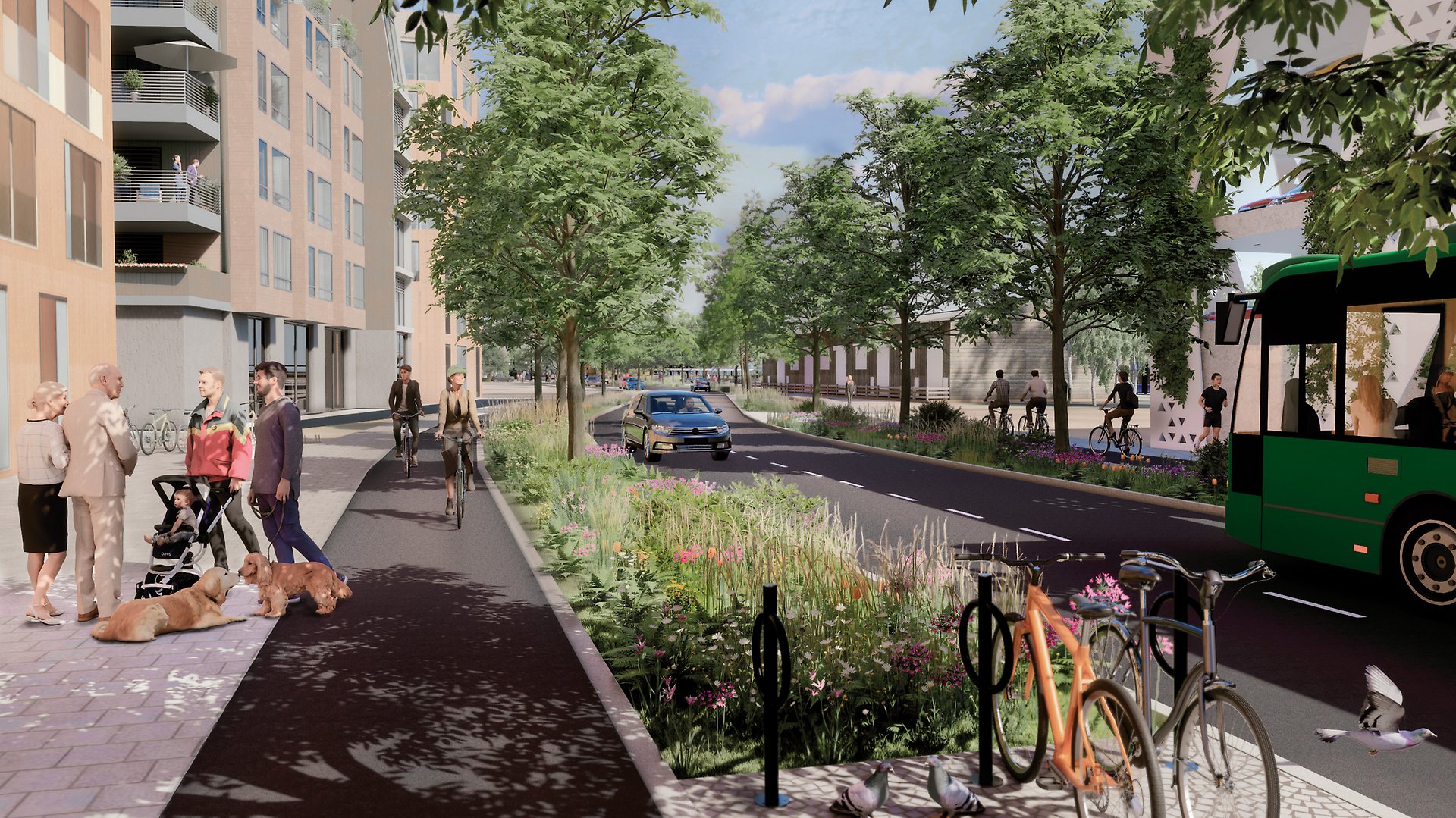 Illustrationen visar kvarteren längre norrut bland de kvarter som kommer att ligga utmed Järnvägsgatan. Gång- och cykelvägar och mycket grönska längs gatan. Illustration. 